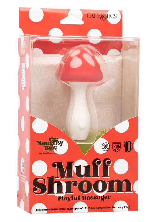Muff Shroom playful massager in packaging with red and white design. Nuddvöndur sem er eins og sveppur