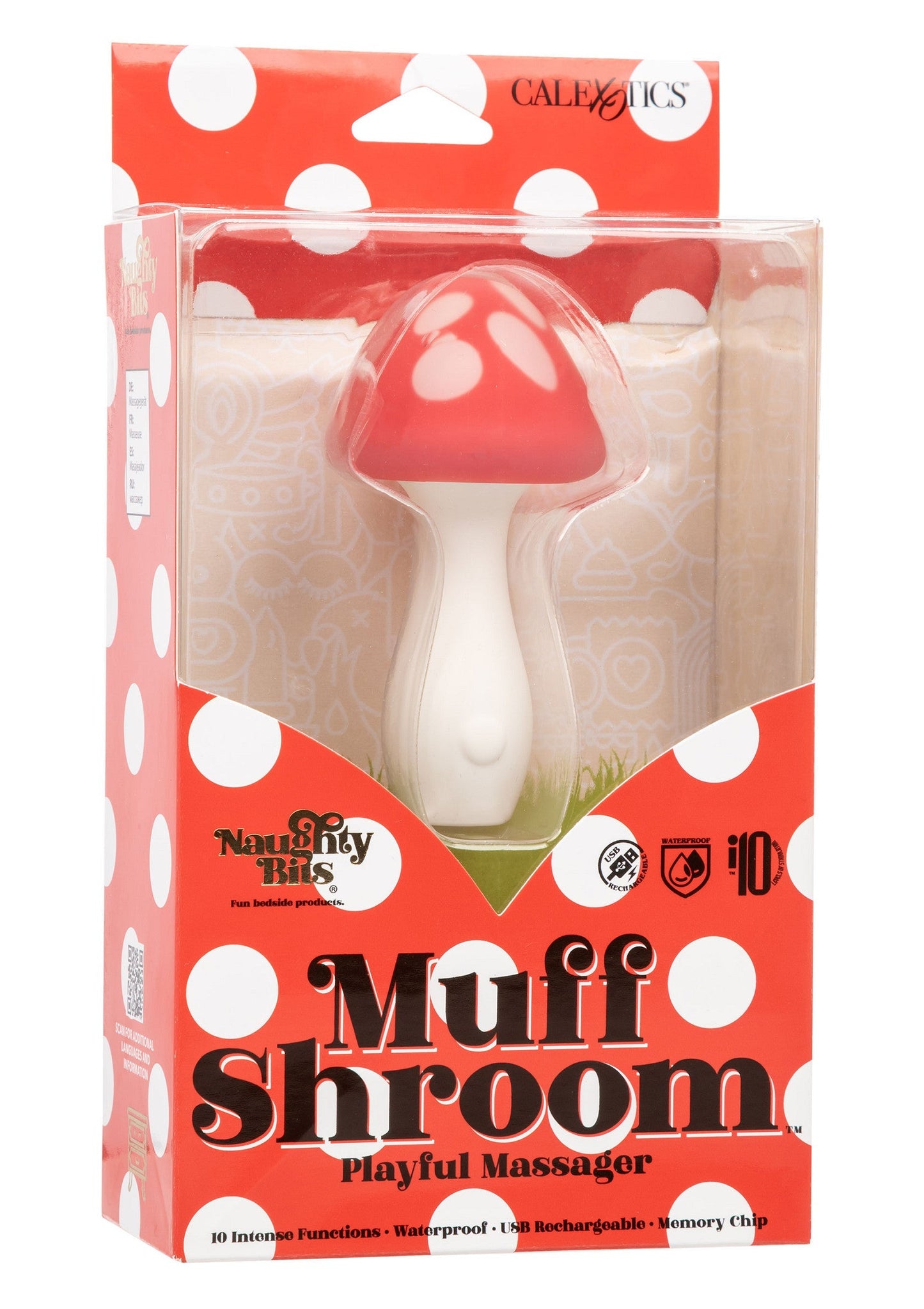 Muff Shroom playful massager in packaging with red and white design. Nuddvöndur sem er eins og sveppur