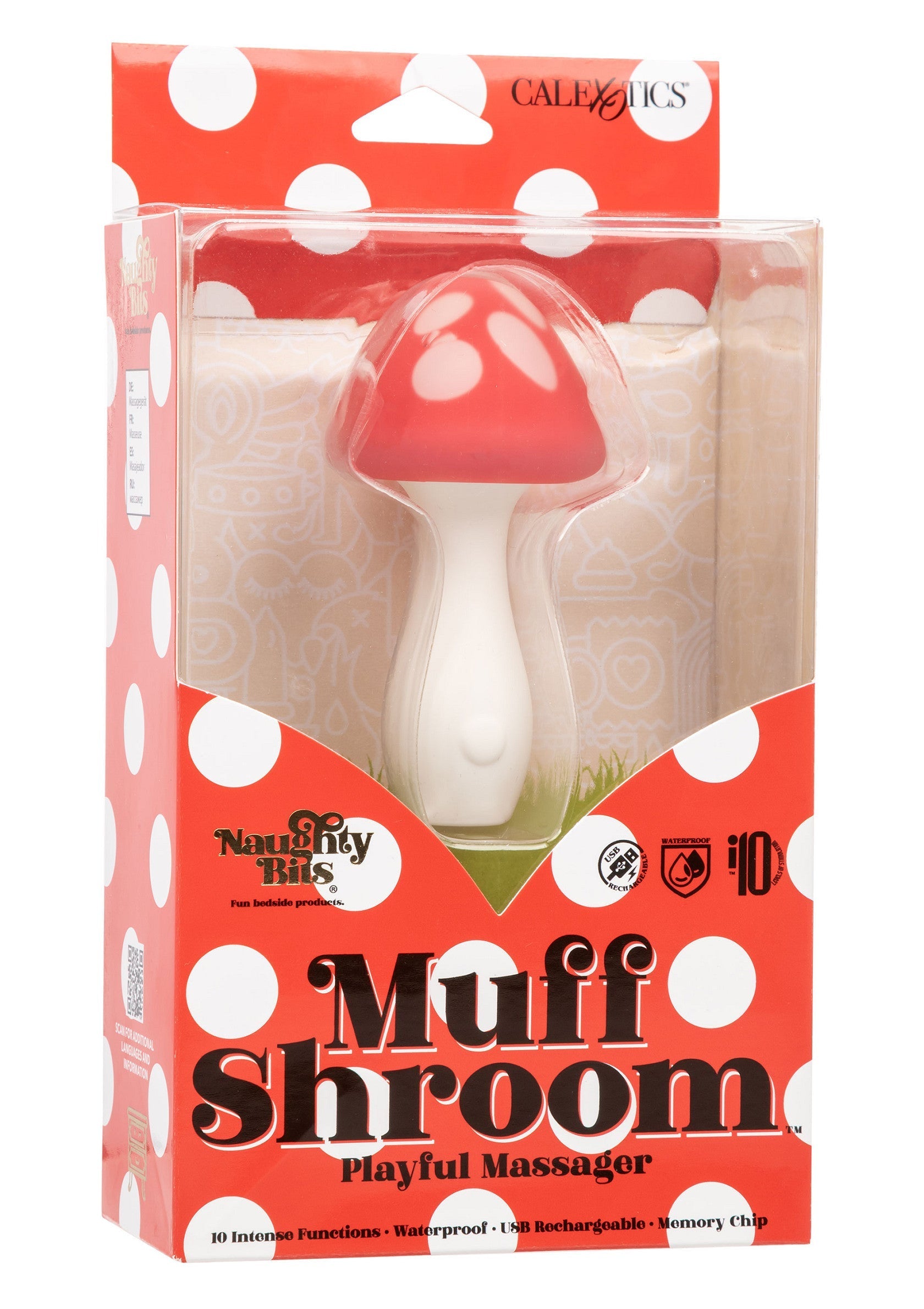 Muff Shroom playful massager in packaging with red and white design. Nuddvöndur sem er eins og sveppur