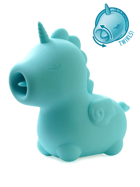 Blue unicorn-shaped toy with a small circular diagram on a white background. Unaður